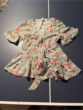 LOFT Floral Wrap Top in Sage Green and Coral Accents